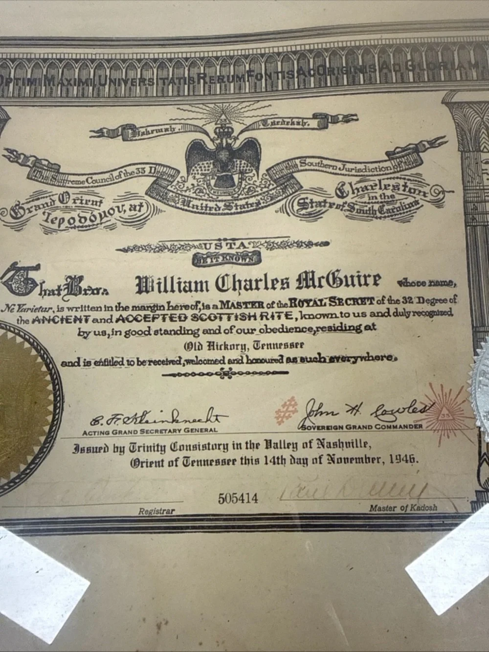 Dei Optimim 1946 Certificate 32rd Master Royal/Ancient/Scottish Degrees 17in-14i
